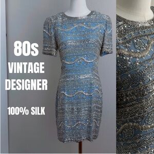 VINTAGE 80s Oleg Cassini Black Tie Beaded Silk Dress Heavy 90s Glamour Gatsby